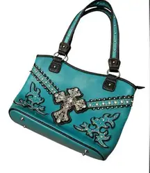 Turquoise Bling Rhinestone Cross Western  Concealed Carry Handbag Purse