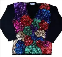 VTG Regency Collection Floral Sequin V-Neck Sweater SZ M 80s Y2K Standout Art