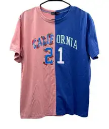 Romwe Pink & Blue Divided Colorblock California 21‎ Graphic Short Sleeve Shirt S