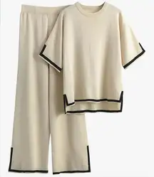 Tanming 2 Piece Lounge Set Short Sleeve Knit Wide Leg Pants Cream & Black Medium