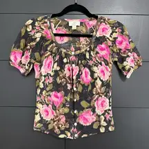 ANN TAYLOR LOFT Petites Floral 3/4 Cap Sleeve Button Down Sweater Women’s XSP
