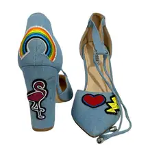 Cape Robbin Denim Beautiful Embroidered Rainbow Block Heel Sandals Size 7.5