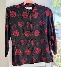 Vintage Chinese Black & Red Brocade Frog Closure Mandarin Collar Jacket