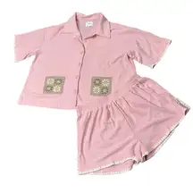 Lena Two Piece Grannycore Pink Terry Lounge Set Crochet Details Size Large NWOT