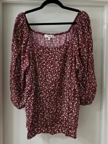 NWT Suzanne Betro Burgundy & Camel Floral Square Neck Balloon Sleeve Top Size 1X