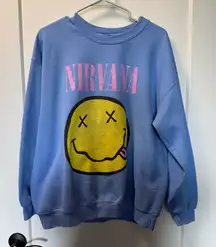 Gildan Screen Printed Nirvana Graphic Crewneck Sweatshirt Blue Smiley Band Retro
