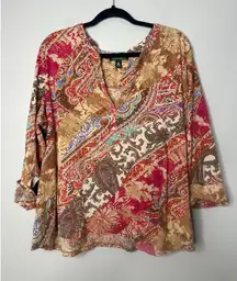 Lauren Ralph Lauren Brown Paisley 3X Top Pullover 3/4 Sleeve Autumn Fall Career