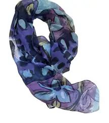 Elegant Italian Made Floral Print Sheer Polyester Scarf Purple Blue