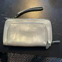 silver wristlet purse with credit card inserts and pocket. GUC.