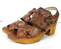 Patricia Nash Viola Brown Floral Printed Leather  Wood Block Heel Sandals Sz 10