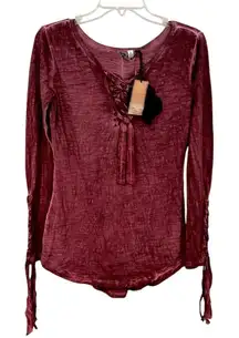 Black Swan Distressed Lace Up Long‎ Sleeve Top Blouse Women's Small Maroon Boho