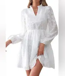 White Bishop Sleeve V-Neck Mini Jacquard Print Dress White Size XS NWT