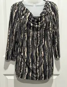Laura Ashley Black White Lagenlook Tunic Medium 3/4 Sleeve Beige Striped Office