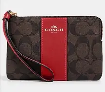 Coach  Corner Zip Wristlet In Signature Canvas Brown Red Gold NWT Designer