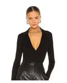 Alix NYC NEW  Sz S Monterey Bodysuit Black Ribbed Deep V Collar Long Sleeve