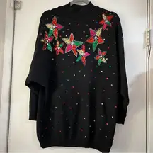 Vintage Beaded Sequin Holiday Sweater Stars Christmas Ugly Long Line Oversized L