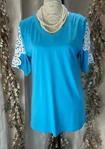 Amazon Blue Crochet Sleeve V-Neck Blouse‎ Medium Soft Stretchy Feminine