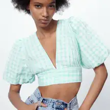 Zara Gingham Tie Back Cropped Top Green White Seersucker Puff Sleeve V-Neck Smal