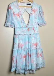 CBR Floral Print Mini Dress Deep V Neck Ruffle Trim Open Back Blue Size M