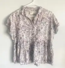 Rachel Zoe New‎ York 100% Linen Floral Short Sleeve Peplum Blouse Size Small