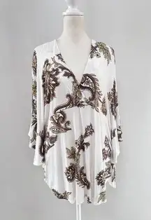 FREE PEOPLE Flowy KNIT White/Multi FLORAL Tie Sides MAUI WOWIE BLOUSE/TOP Size L