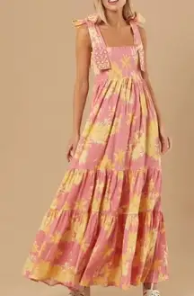 Sheridan French Kelly Dress XL Pink Yellow Floral Tie Strap Smocked Maxi‎ Cotton