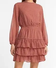 Express Women’s Sheer Long Sleeve Ruffle Dress Size XXS Dusty Rose Mauve Pink