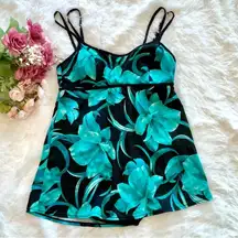 Cute Swimsuit One Piece Skirt Aqua & Black Floral Padded Cups Womens Sz XL​​