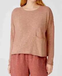 Eileen Fisher  Knit Shirt Organic Cotton Linen Slub Boxy Pocket Light Terra Cotta