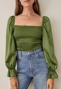 Reformation Chamomile Top Size Small in Moss Green Silk Satin Smocked Blouse