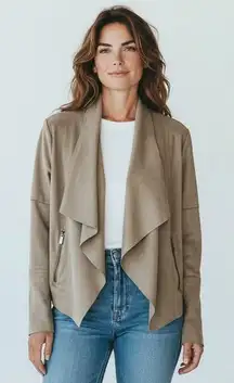 Baccini Tan/Taupe Suede Feel, Open Front Jacket. Drape Collar. Long Sleeves
