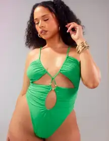 NWT PrettyLittleThing GREEN GOLD BEAD DETAIL RUCHED CUT OUT SWIMSUIT Size 22Plus