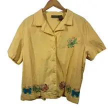 Jane Ashley Top Women XL Yellow 100% Cotton Butterfly Beaded Embroidery Spring