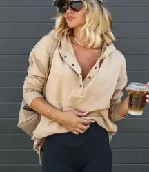 NEW -MINDFUL COTTON POCKETED HENLEY HOODIE - TAUPE