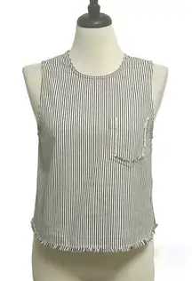 T Alexander Wang Ivory Midnight Navy Stripe Sleeveless Frayed Hem Cotton Top 8