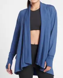 Athleta Pranayama Restore Wrap Chrome Blue Medium Long Open Cardigan Waterfall