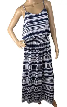 SOMA Dress Blue / White V-Neck Pullover Sleeveless Long Maxi sz Large‎ Coastal