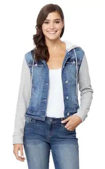 WALLFLOWER-WOMENS DENIM AND FLEECE JACKET-SIZE MEDIUM The perfect denim jacket, button front, fleece hood and sleeves, has a little stretch, excellent condition  Measurements: Bust: armpit to armpit 18 inches  Length: shoulder seam to bottom 19.5 inches