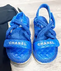 CHANEL Blue Cord Lambskin Quilted Cork Platform  Logo Sandals Size 6.5