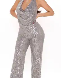 Backless Draped Halter Glitter Jumpsuit