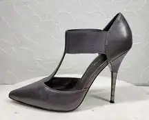Elizabeth & James Stiletto Heels Womens 8 Gray Leather T-Strap Metal Spike Heel