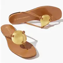 Tory Burch  Patos Gold Medallion Thong Leather
Sandals Caramel Corn Tan Size 5.5