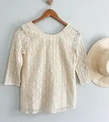 Sézane | Scoop Neck Three-Quarter Sleeve Lace Blouse | Cream | Sz 2 / Fr sz 34