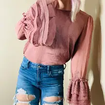 Stellah dusty pink/rose layered semi-sheer exaggerated ruffle bell sleeve blouse