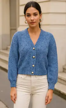 Boutique Dreamy Blue Pointelle Knit Cardigan with White Buttons Size Medium