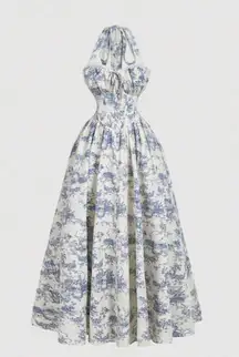 Shein Halter Milkmaid Blue and White Patterned Dress Size XS