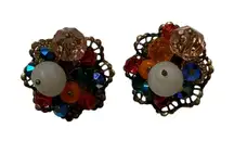 Vintage Multicolor Beaded Flower Cluster Clip On Earrings Gold Tone Retro