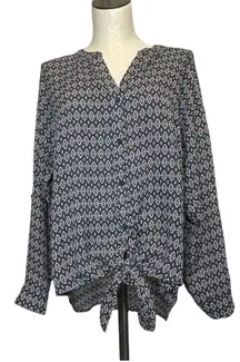 Pleione Tie-Front Blouse Blue‎ Tan Pattern Long Sleeve Roll Office Shirt Top Med