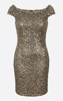 Adrianna Papell Off Shoulder Crunchy Bead Dress Antique Bronze Sz 16W NWT