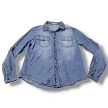 Passport Top Size Large Long Sleeve Button Down Shirt Light Denim Chambray Shirt Women's Shirt